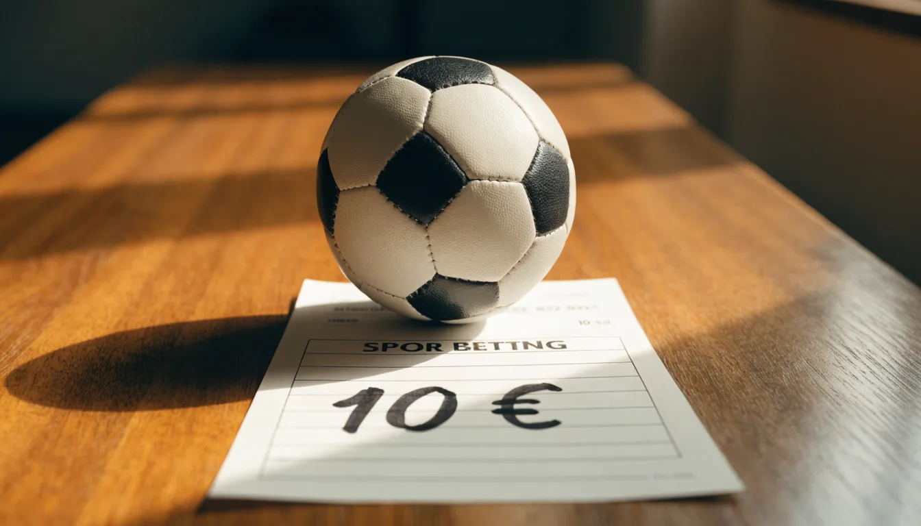 Uma bola de futebol pousada sobre um talão de apostas em branco numa mesa de madeira, à luz do dia