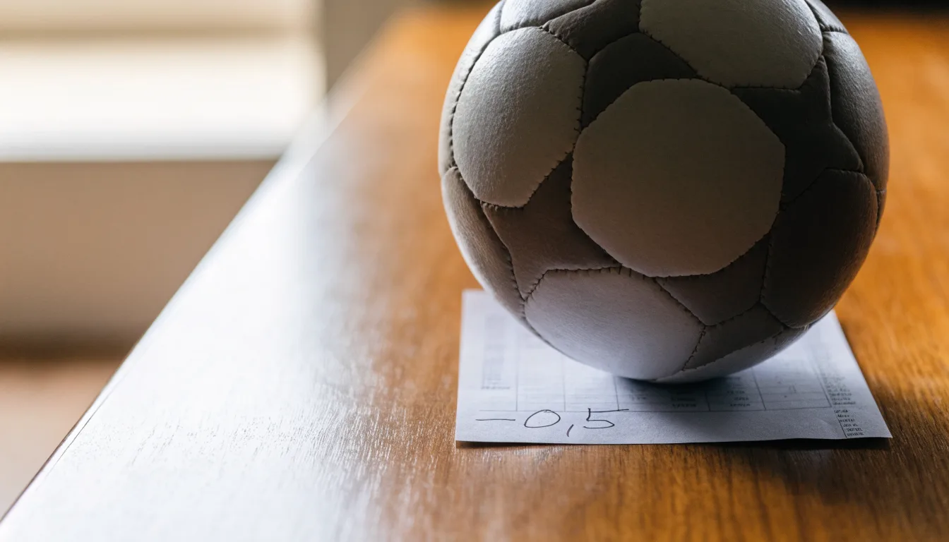 Uma bola de futebol pousada sobre um talão de apostas em branco numa mesa de madeira, à luz do dia
