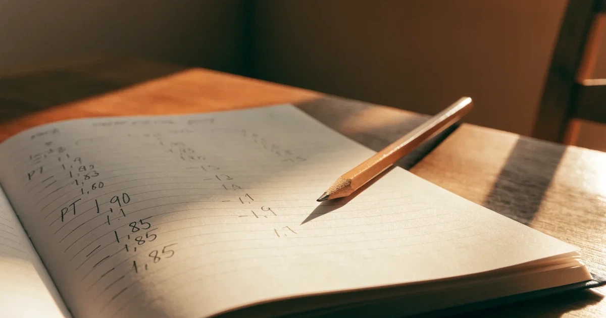 Um caderno aberto com cotas escritas à mão, uma calculadora e um lápis sobre uma mesa de madeira