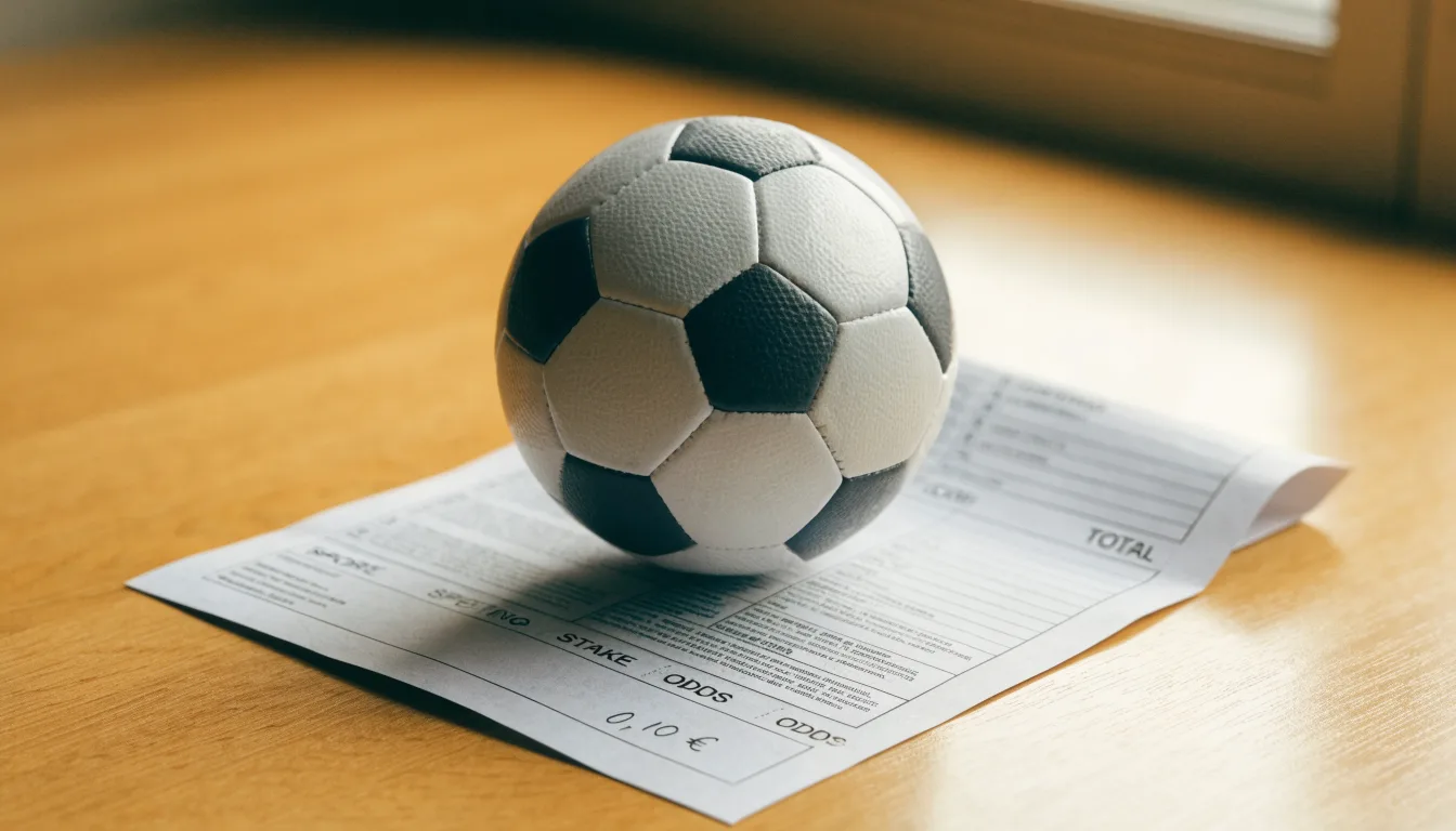 Uma bola de futebol pousada sobre um talão de apostas em branco numa mesa de madeira, à luz do dia