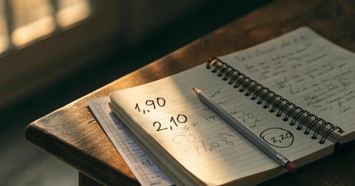 Um caderno aberto com cotas escritas à mão, uma calculadora e um lápis sobre uma mesa de madeira
