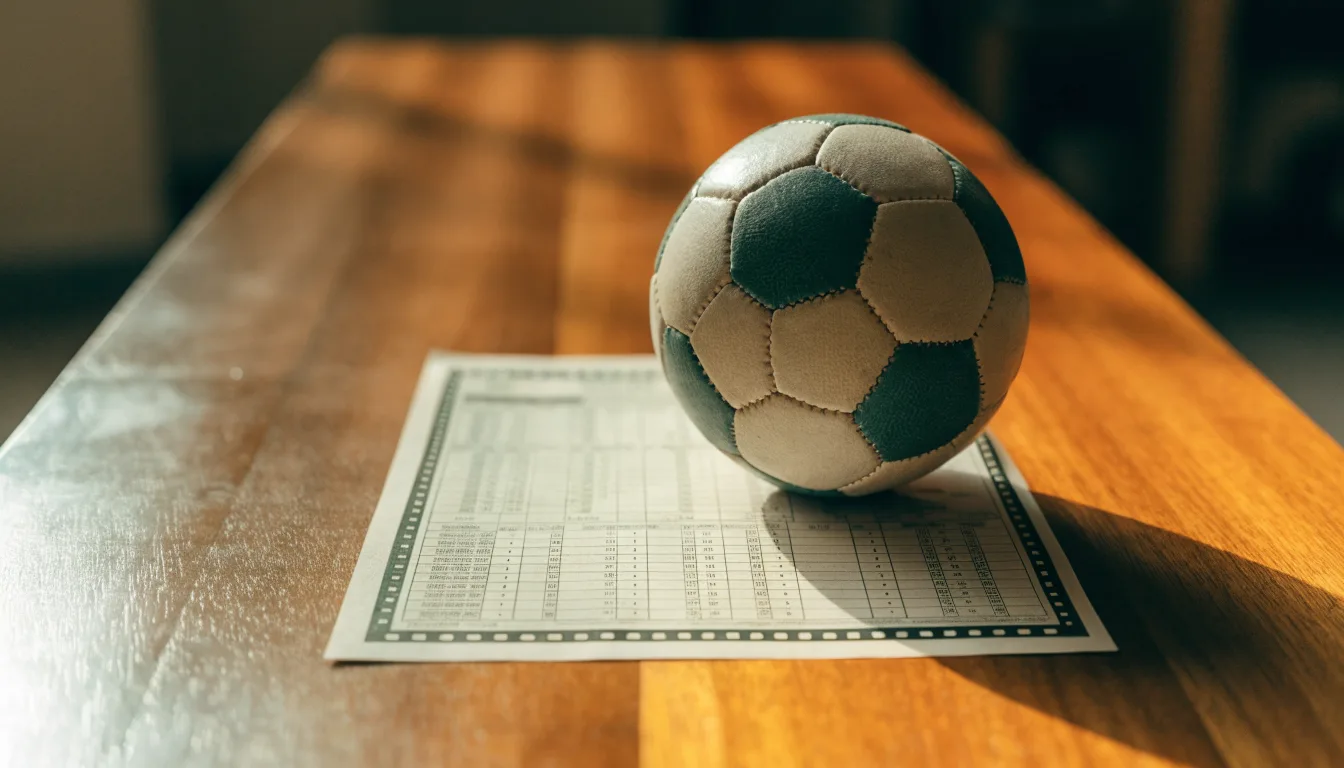 Uma bola de futebol pousada sobre um talão de apostas em branco numa mesa de madeira, à luz do dia