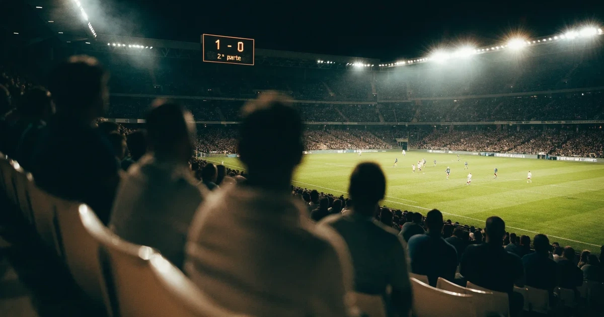 Um marcador eletrónico de um estádio com o resultado a meio da segunda parte, visto das bancadas