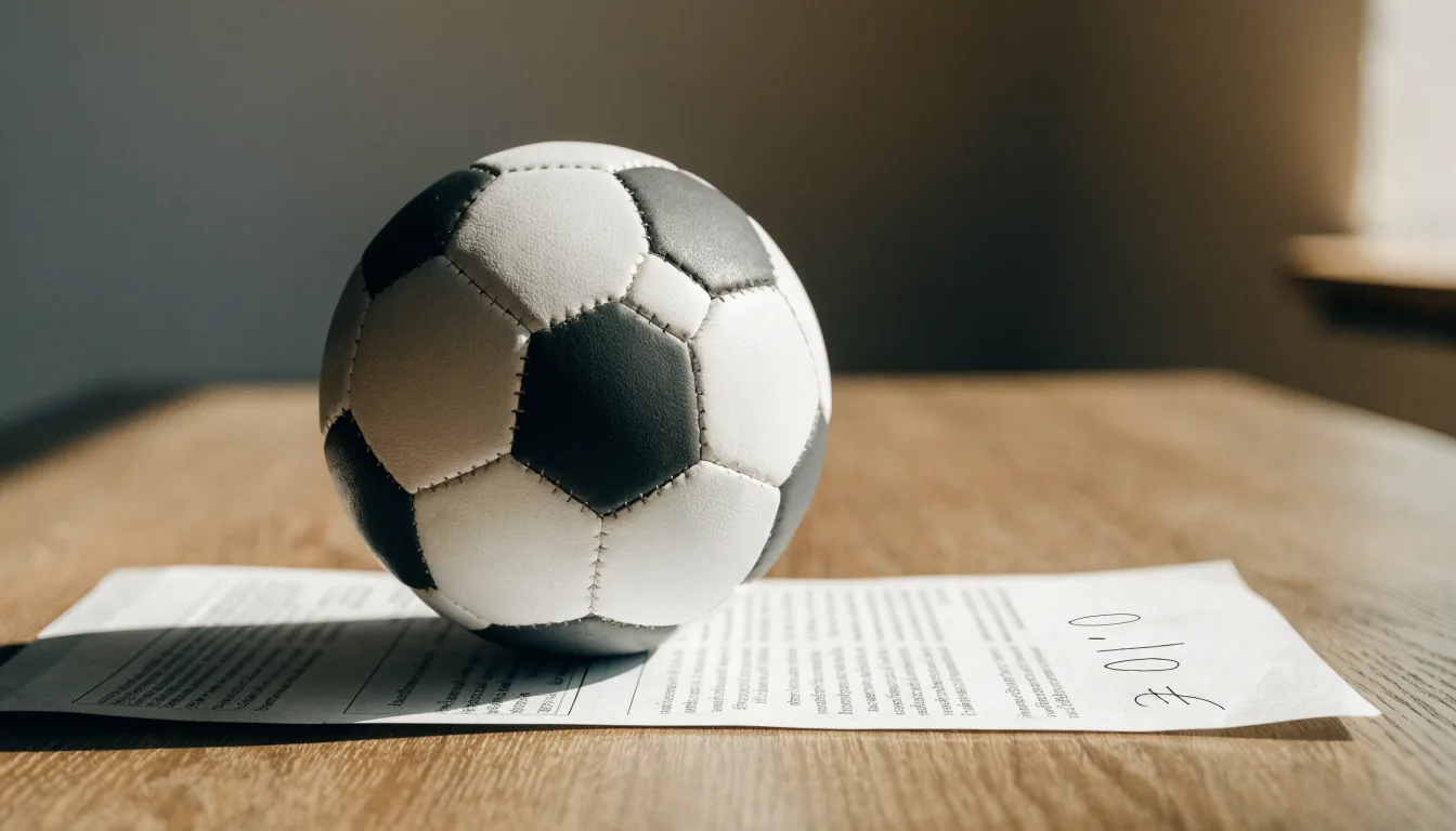 Uma bola de futebol pousada sobre um talão de apostas em branco numa mesa de madeira, à luz do dia