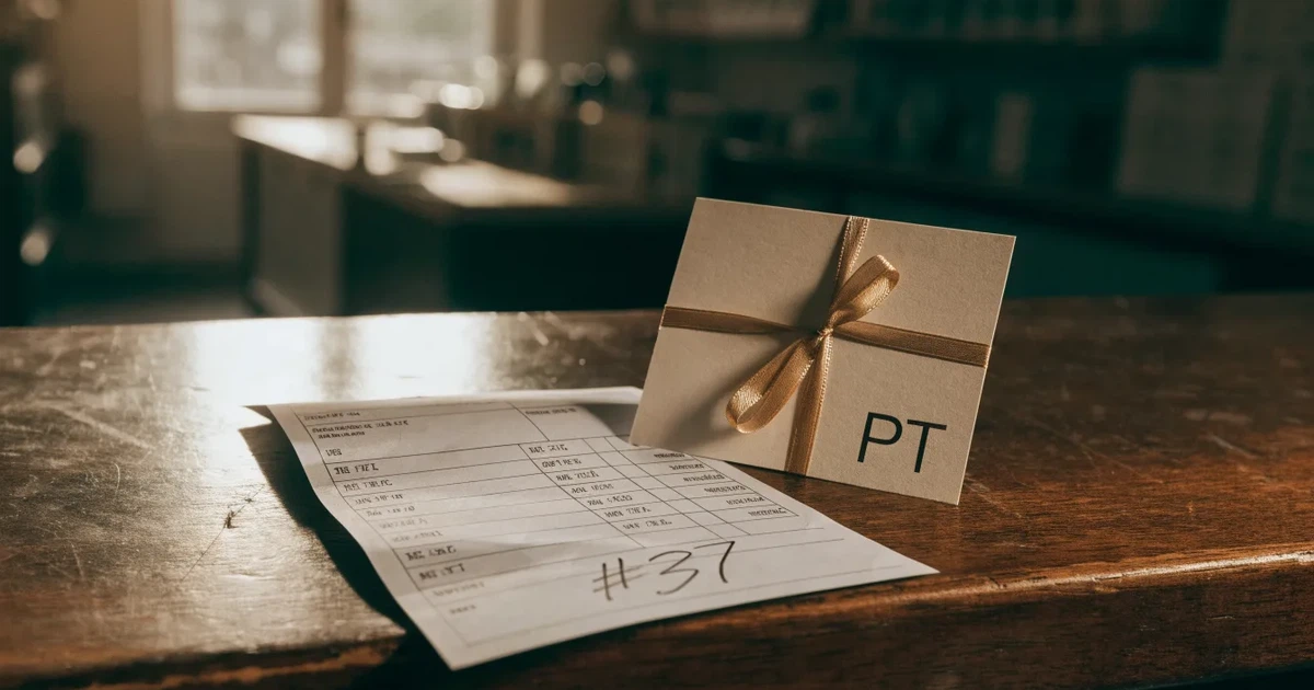 Um cartão de oferta com uma fita dourada ao lado de um talão de apostas numa bancada de madeira