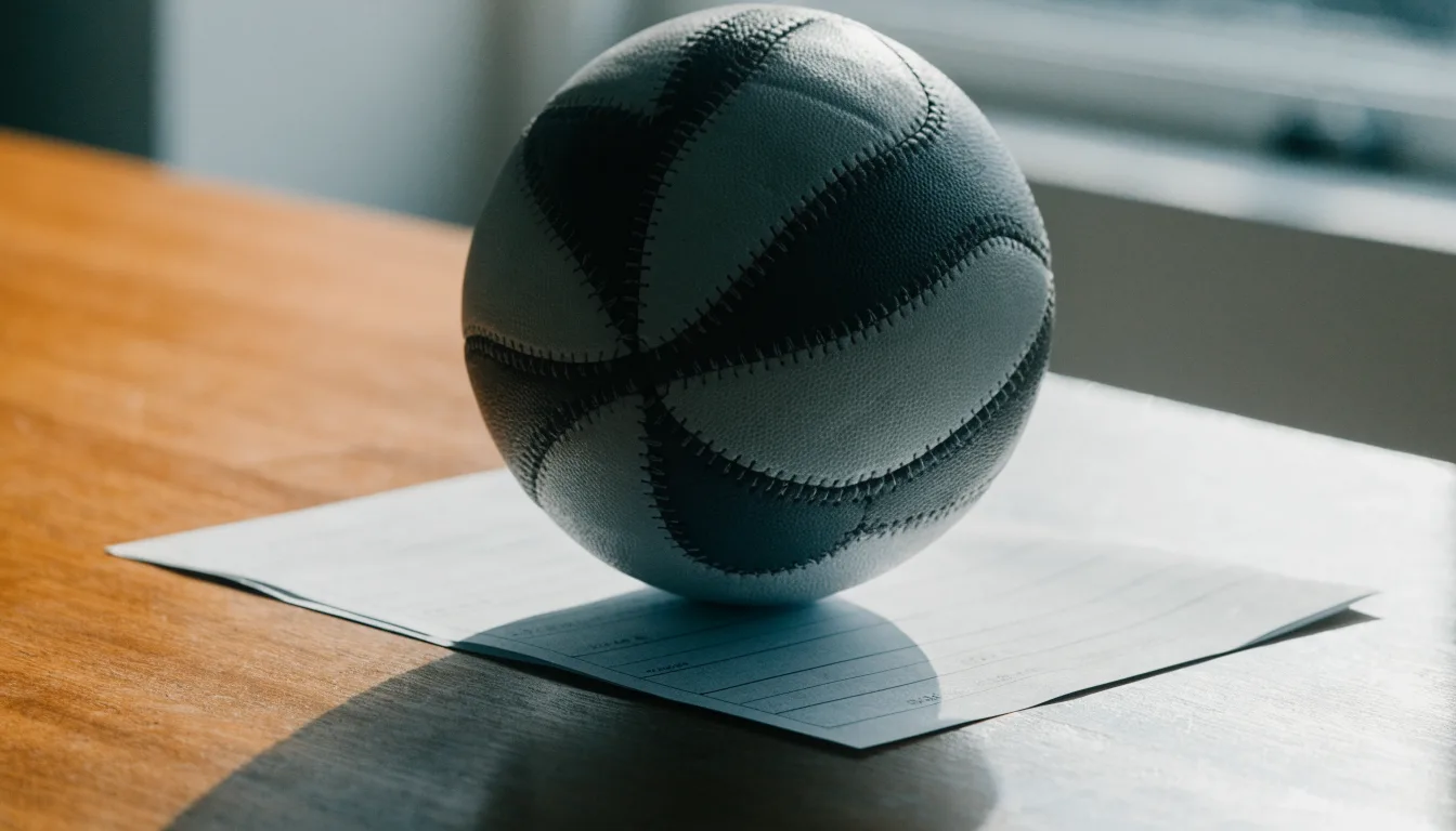 Uma bola de futebol pousada sobre um talão de apostas em branco numa mesa de madeira, à luz do dia