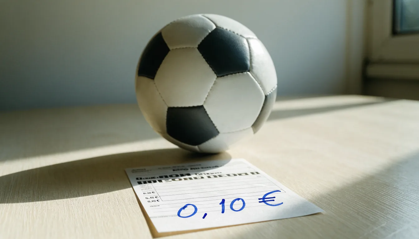 Uma bola de futebol pousada sobre um talão de apostas em branco numa mesa de madeira, à luz do dia
