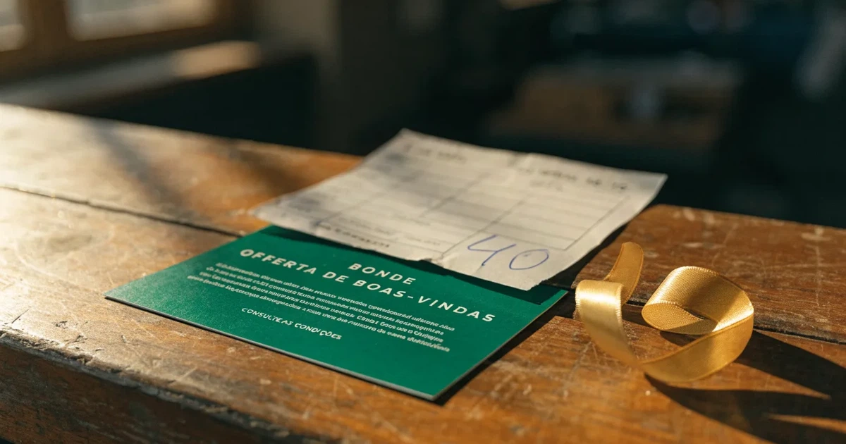 Um cartão de oferta com uma fita dourada ao lado de um talão de apostas numa bancada de madeira