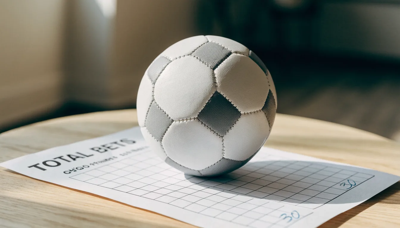 Uma bola de futebol pousada sobre um talão de apostas em branco numa mesa de madeira, à luz do dia