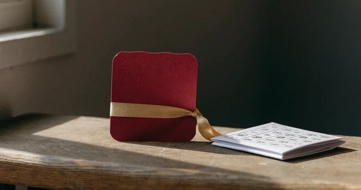 Um cartão de oferta com uma fita dourada ao lado de um talão de apostas numa bancada de madeira