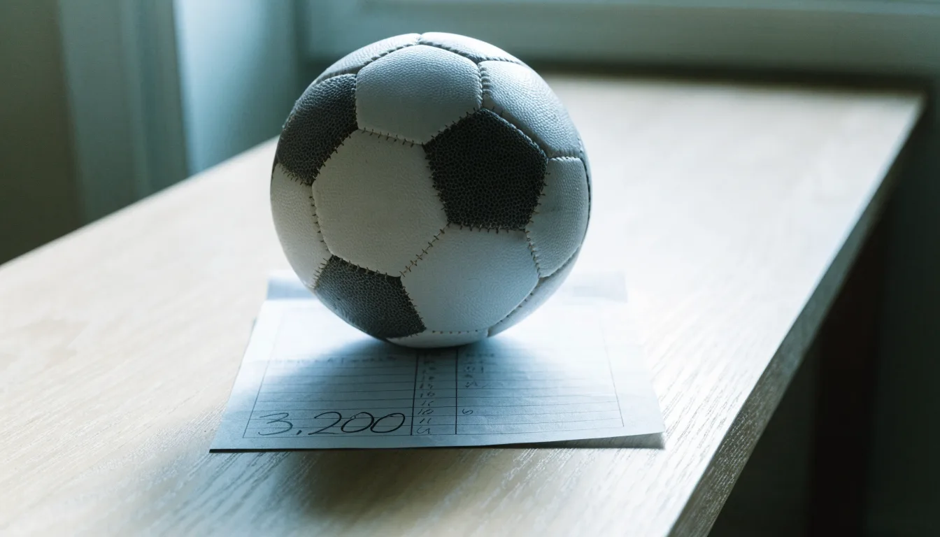 Uma bola de futebol pousada sobre um talão de apostas em branco numa mesa de madeira, à luz do dia