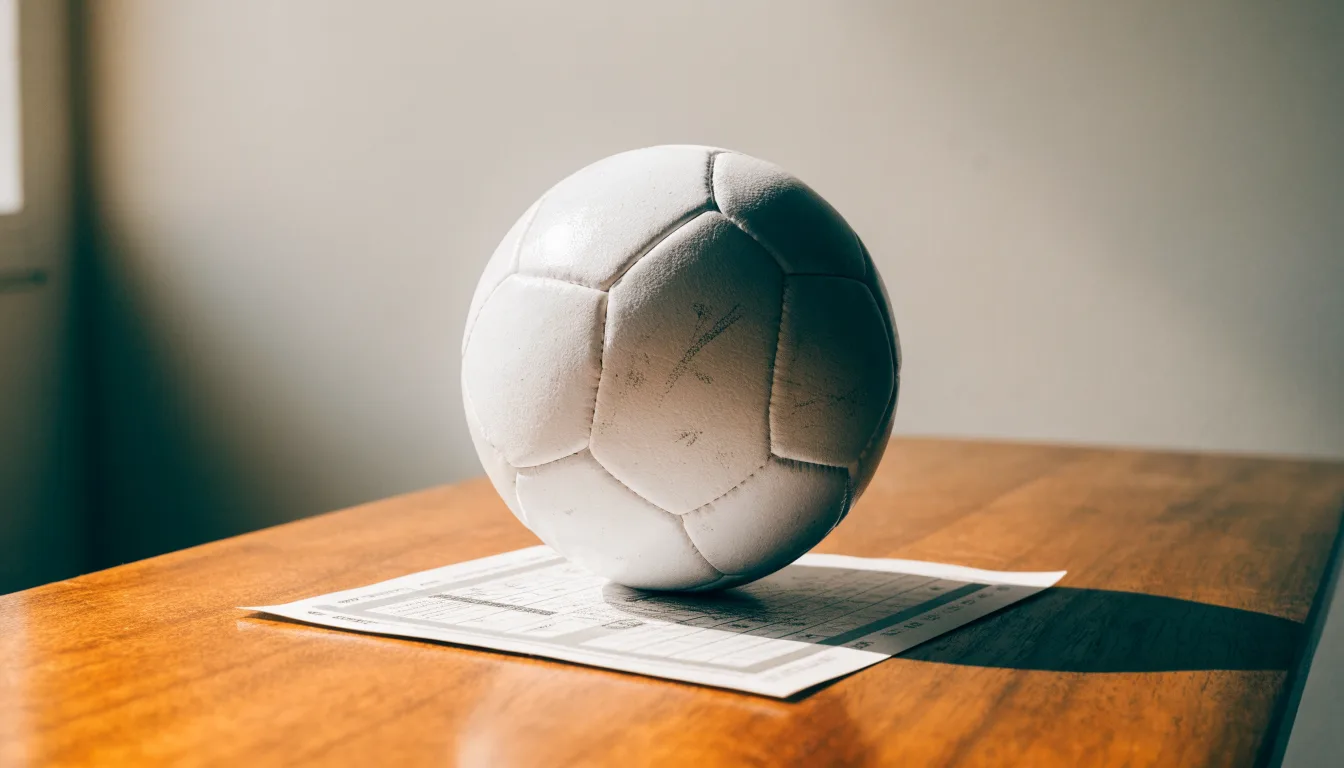 Uma bola de futebol pousada sobre um talão de apostas em branco numa mesa de madeira, à luz do dia