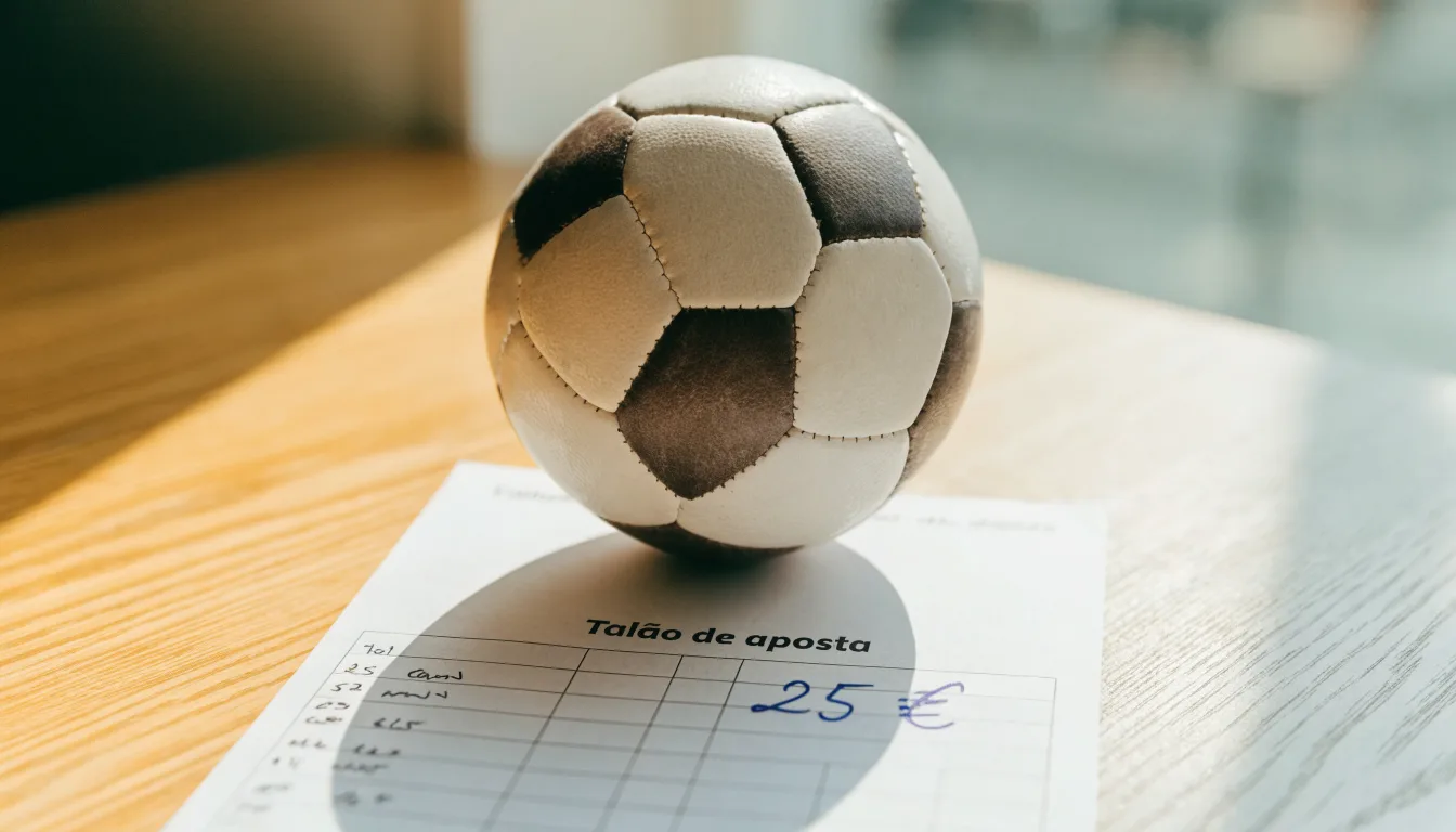 Uma bola de futebol pousada sobre um talão de apostas em branco numa mesa de madeira, à luz do dia