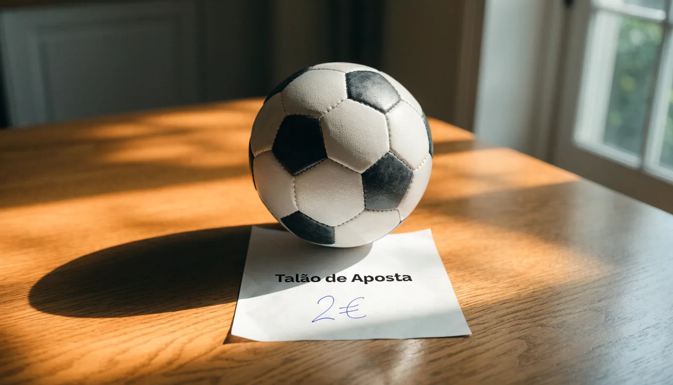 Uma bola de futebol pousada sobre um talão de apostas em branco numa mesa de madeira, à luz do dia