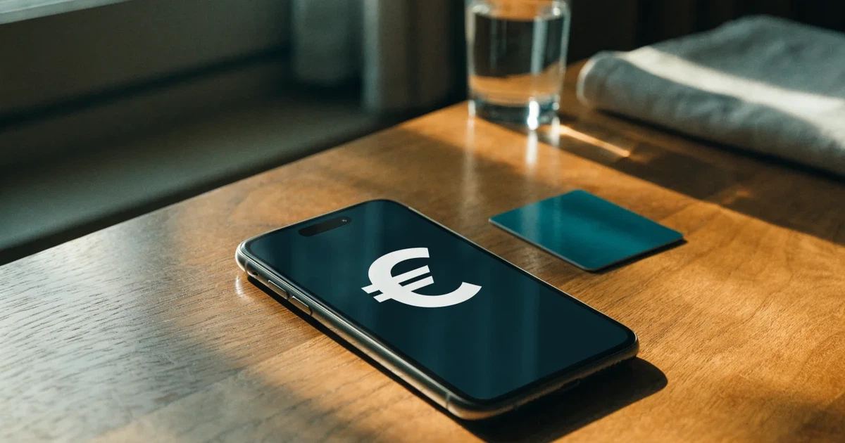 Um telemóvel e um cartão bancário lado a lado numa mesa de madeira, com algumas notas de euro ao lado