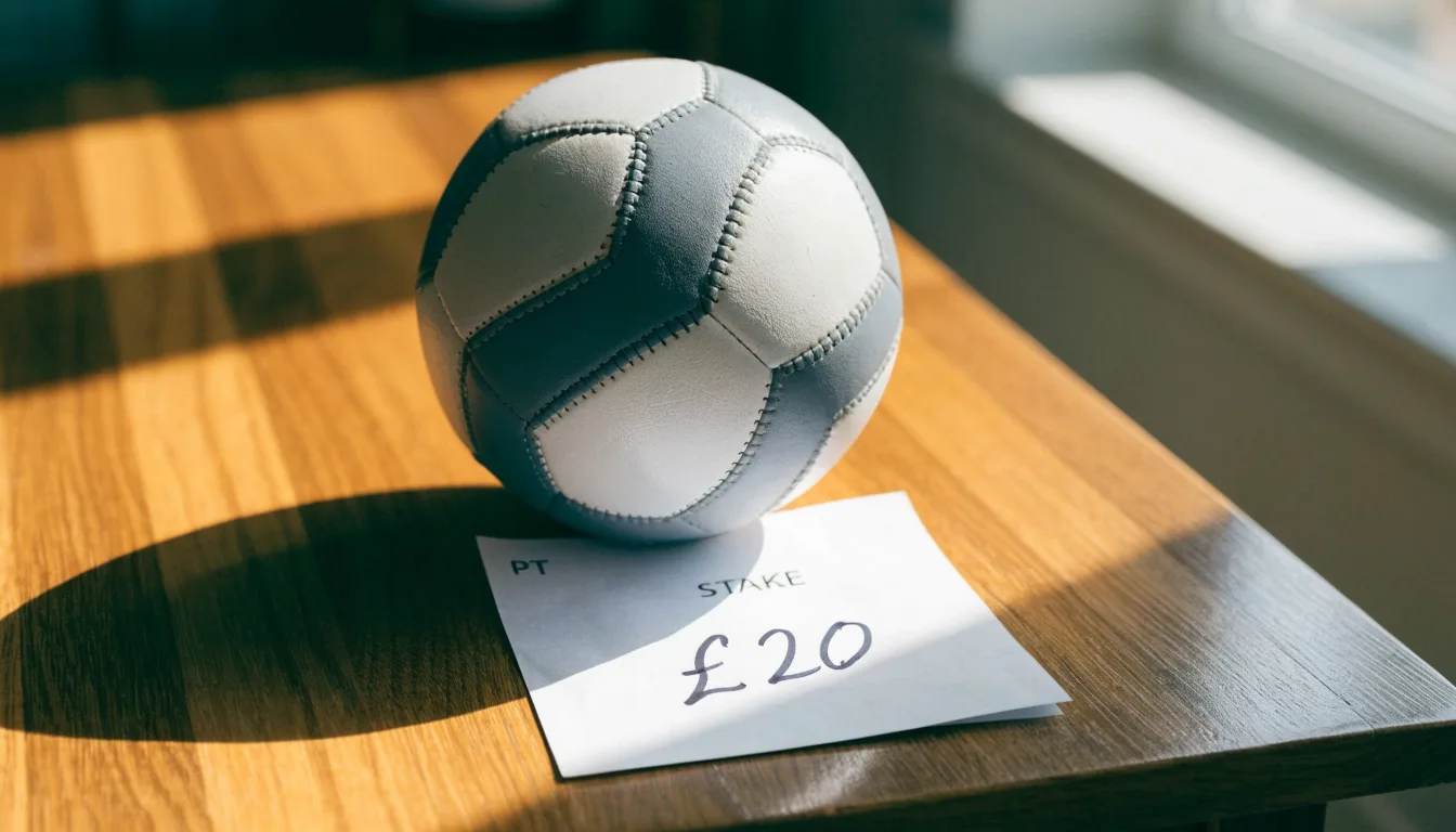 Uma bola de futebol pousada sobre um talão de apostas em branco numa mesa de madeira, à luz do dia