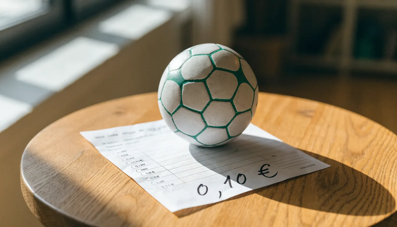 Uma bola de futebol pousada sobre um talão de apostas em branco numa mesa de madeira, à luz do dia
