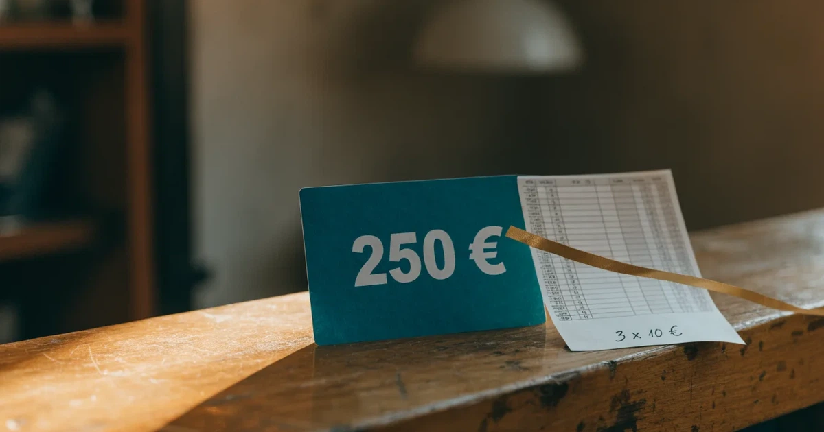 Um cartão de oferta com uma fita dourada ao lado de um talão de apostas numa bancada de madeira