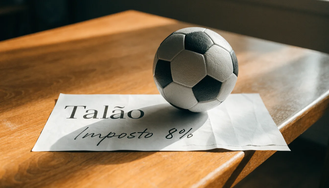 Uma bola de futebol pousada sobre um talão de apostas em branco numa mesa de madeira, à luz do dia