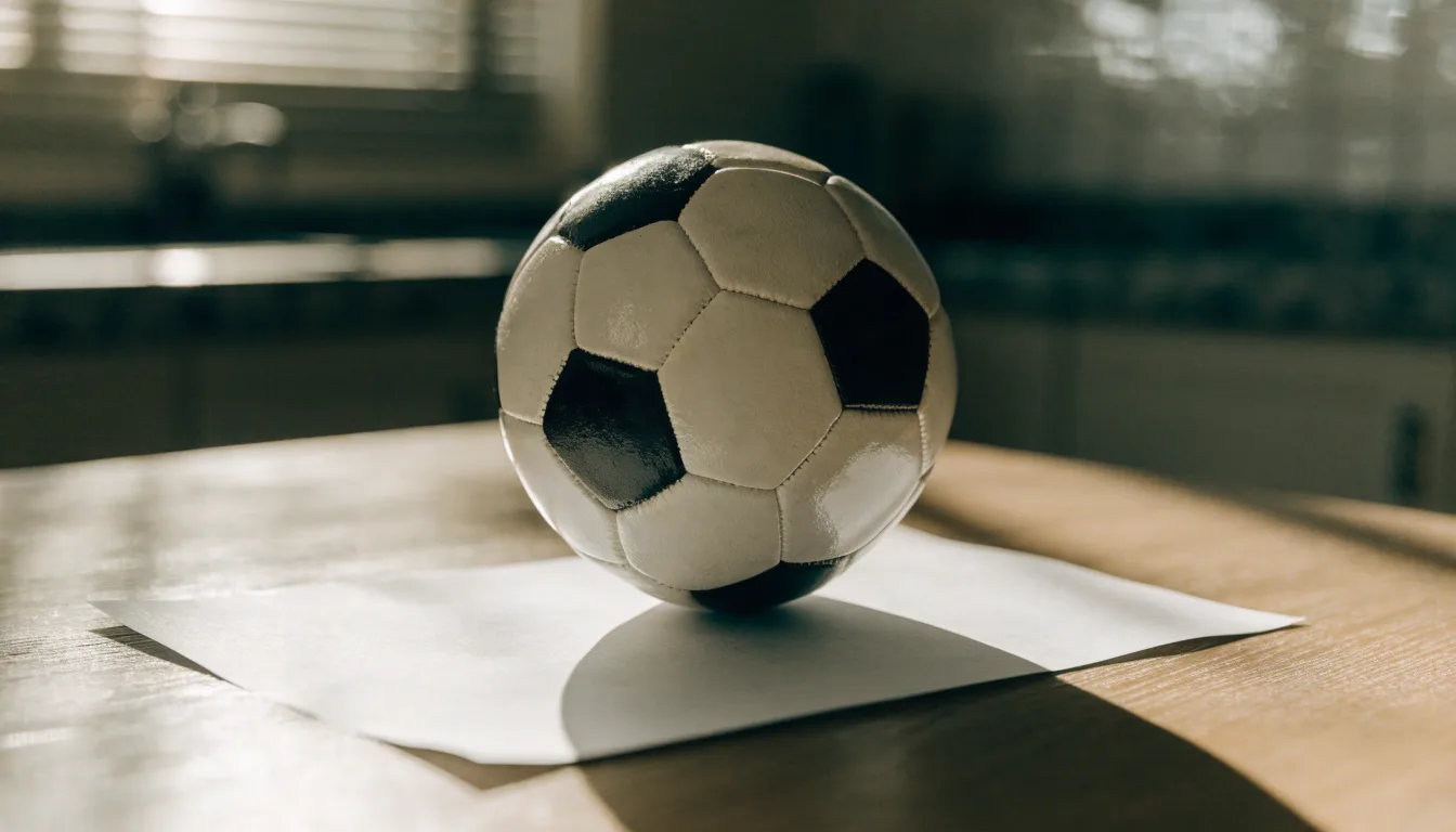 Uma bola de futebol pousada sobre um talão de apostas em branco numa mesa de madeira, à luz do dia