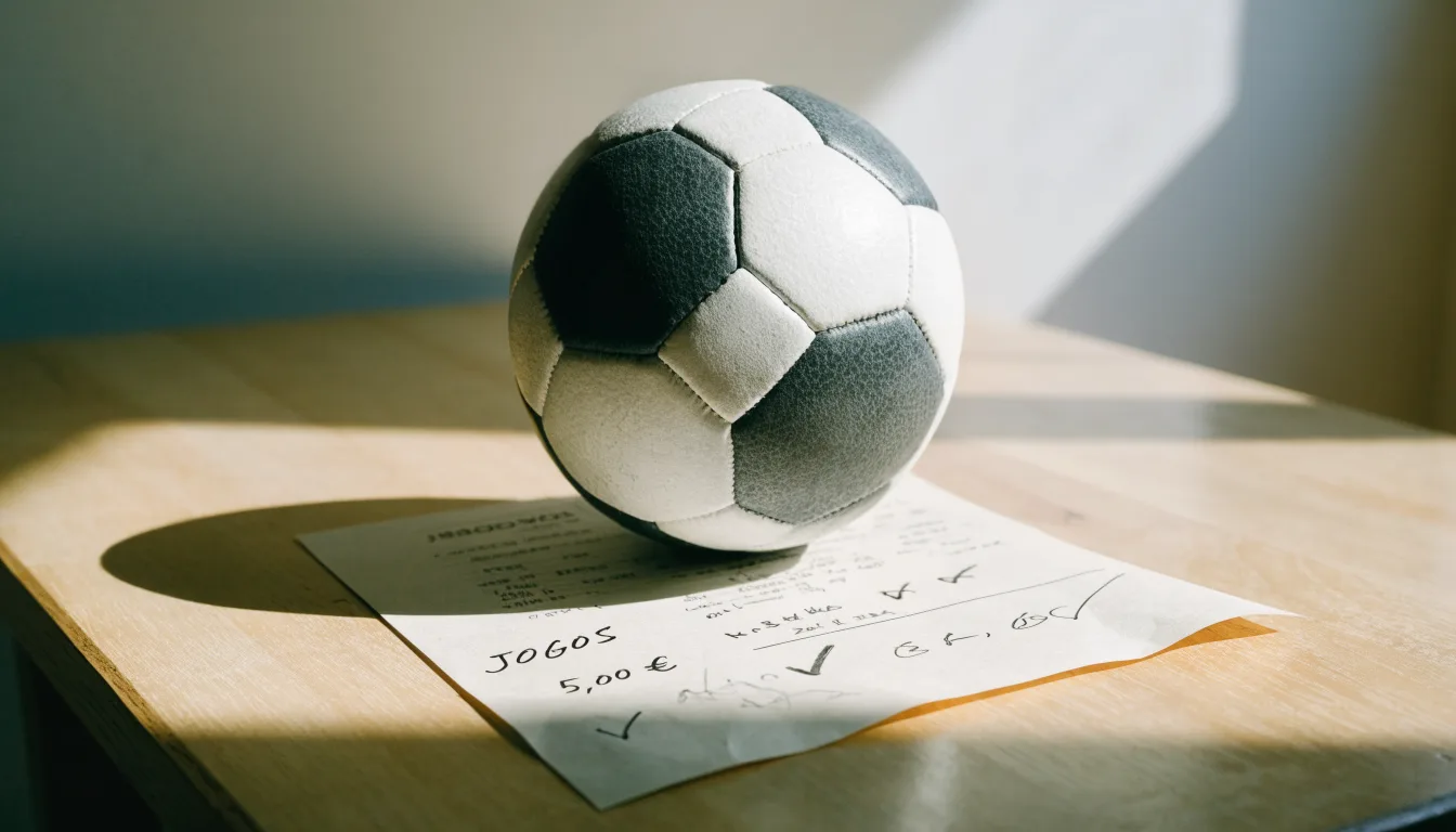 Uma bola de futebol pousada sobre um talão de apostas em branco numa mesa de madeira, à luz do dia