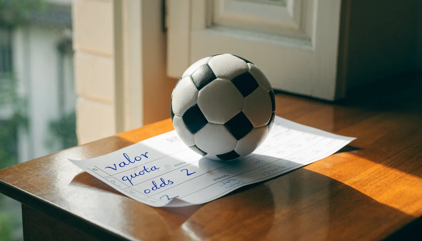 Uma bola de futebol pousada sobre um talão de apostas em branco numa mesa de madeira, à luz do dia