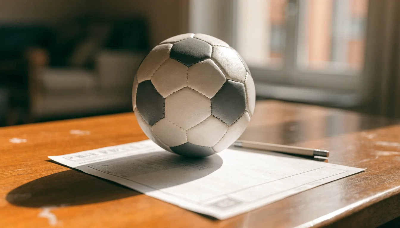 Uma bola de futebol pousada sobre um talão de apostas em branco numa mesa de madeira, à luz do dia