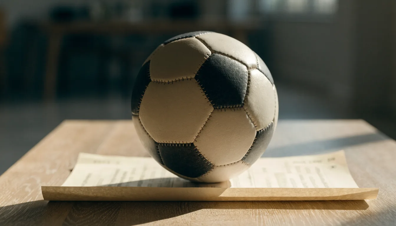 Uma bola de futebol pousada sobre um talão de apostas em branco numa mesa de madeira, à luz do dia