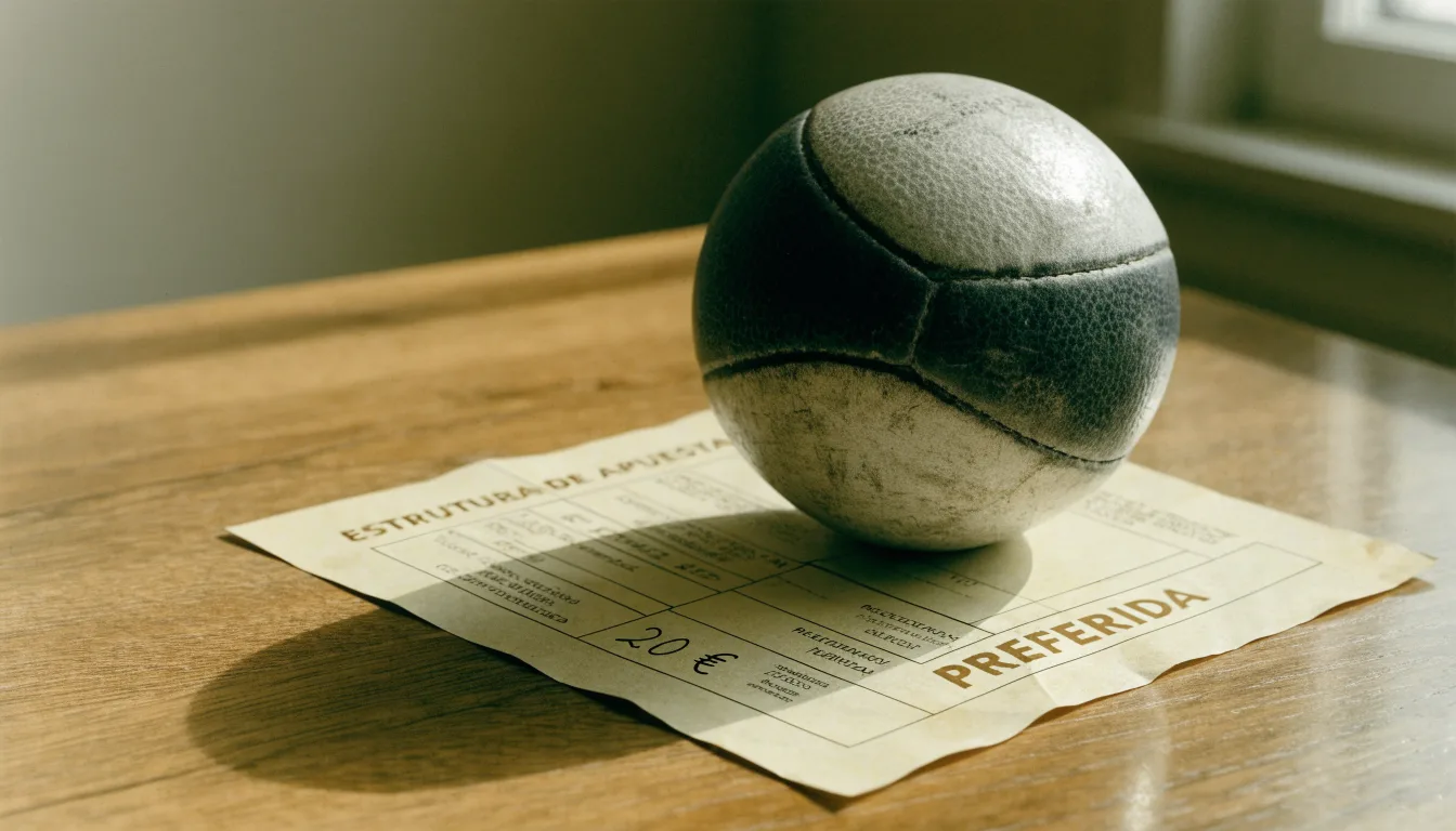 Uma bola de futebol pousada sobre um talão de apostas em branco numa mesa de madeira, à luz do dia