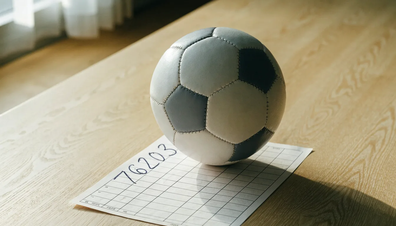 Uma bola de futebol pousada sobre um talão de apostas em branco numa mesa de madeira, à luz do dia