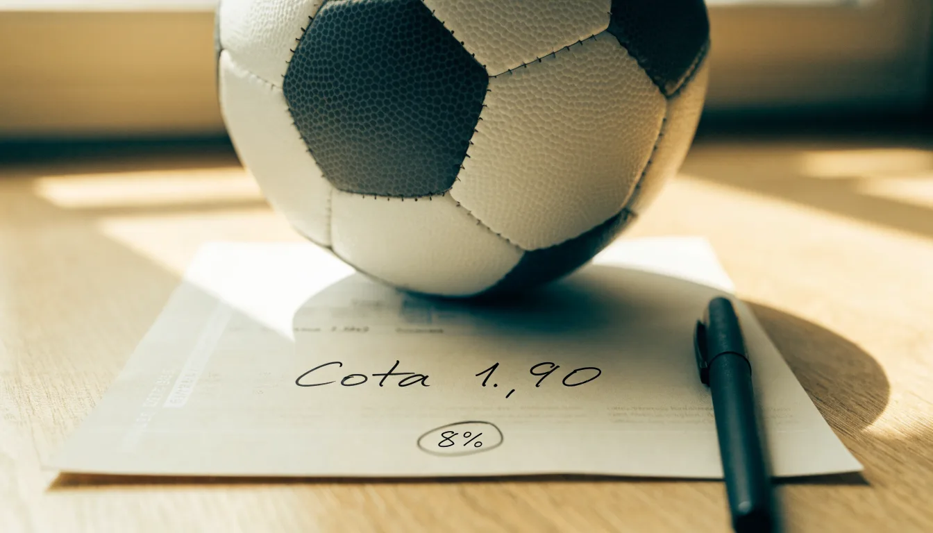 Uma bola de futebol pousada sobre um talão de apostas em branco numa mesa de madeira, à luz do dia