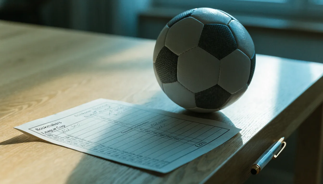 Uma bola de futebol pousada sobre um talão de apostas em branco numa mesa de madeira, à luz do dia