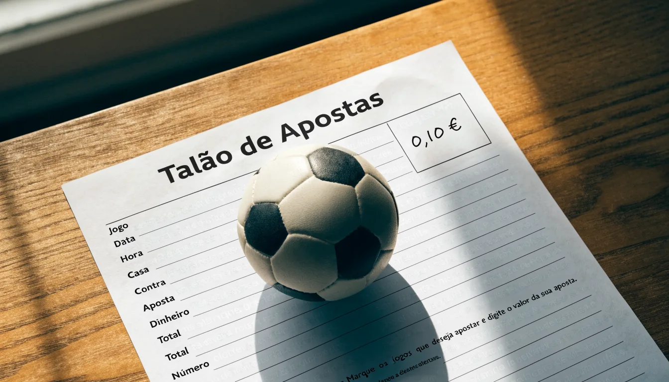 Uma bola de futebol pousada sobre um talão de apostas em branco numa mesa de madeira, à luz do dia