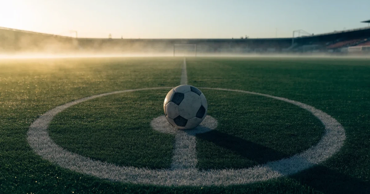 Uma bola de futebol no ponto central de um relvado, à luz da manhã