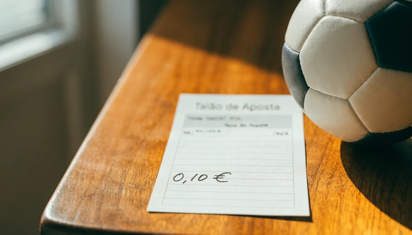Uma bola de futebol pousada sobre um talão de apostas em branco numa mesa de madeira, à luz do dia