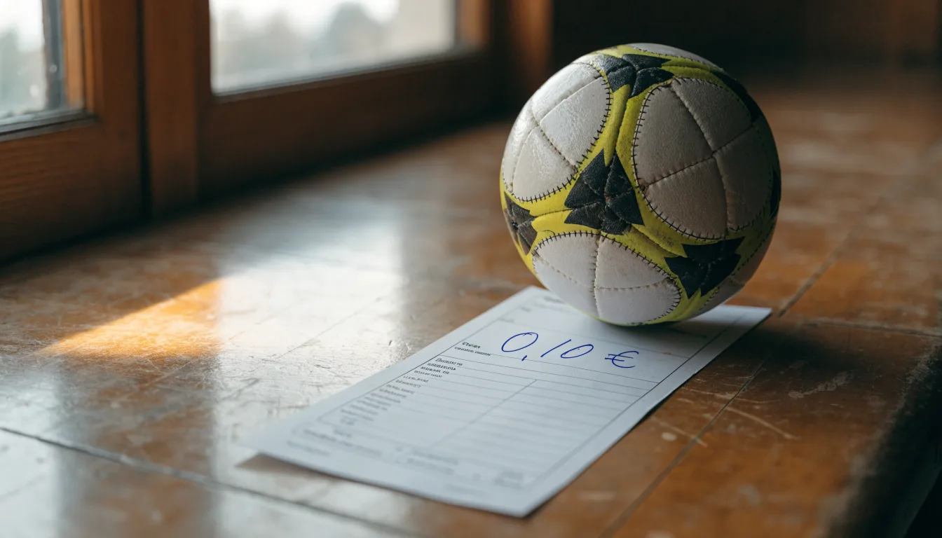 Uma bola de futebol pousada sobre um talão de apostas em branco numa mesa de madeira, à luz do dia