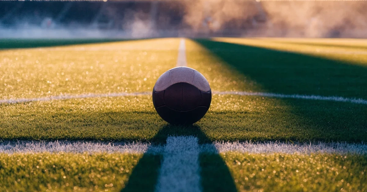Uma bola de futebol no ponto central de um relvado, à luz da manhã