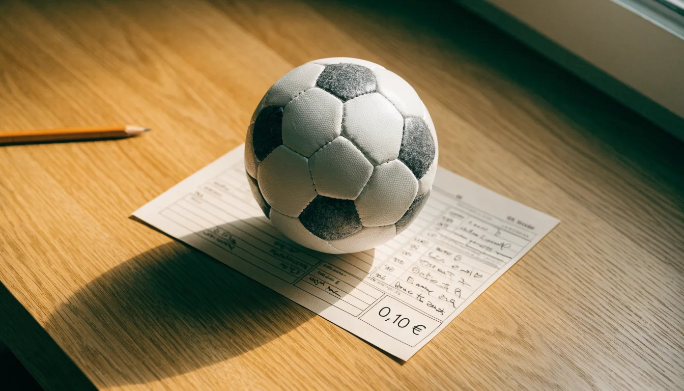 Uma bola de futebol pousada sobre um talão de apostas em branco numa mesa de madeira, à luz do dia