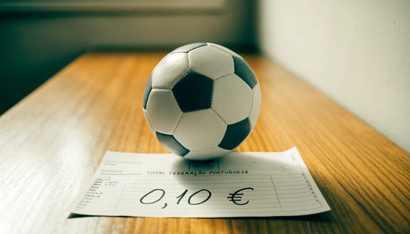 Uma bola de futebol pousada sobre um talão de apostas em branco numa mesa de madeira, à luz do dia