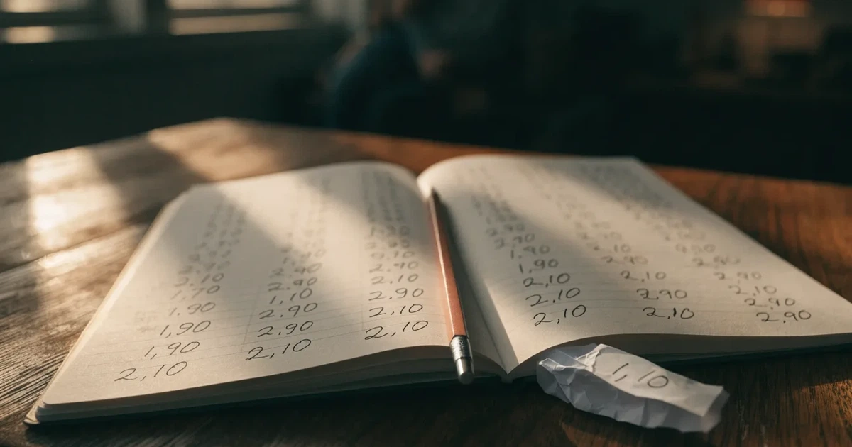Um caderno aberto com cotas escritas à mão, uma calculadora e um lápis sobre uma mesa de madeira