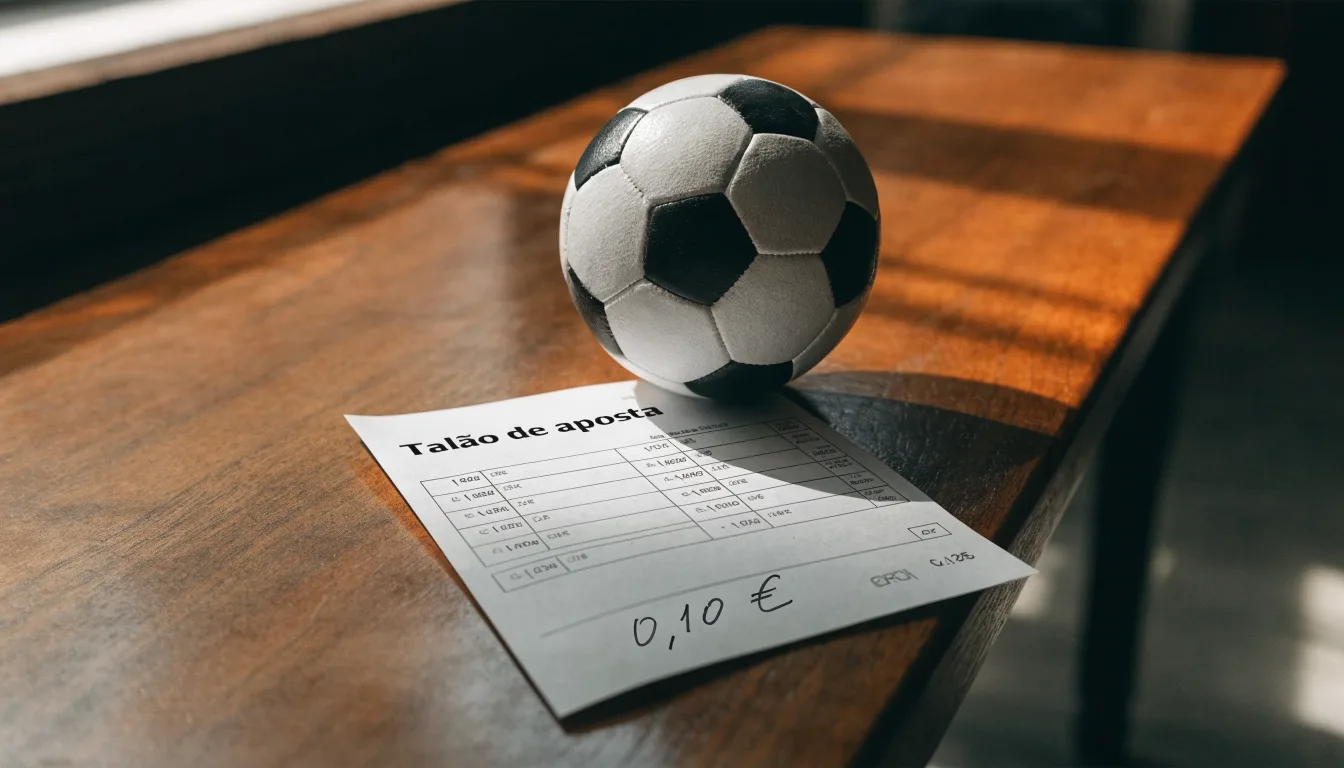 Uma bola de futebol pousada sobre um talão de apostas em branco numa mesa de madeira, à luz do dia