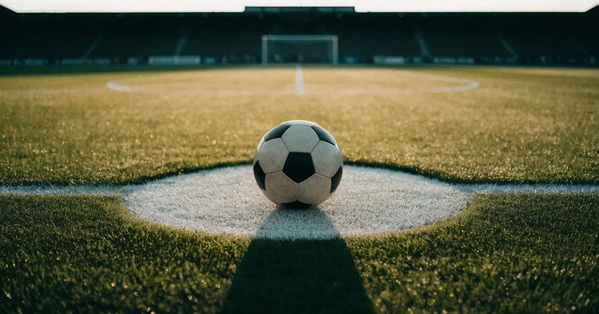 Uma bola de futebol no ponto central de um relvado, à luz da manhã