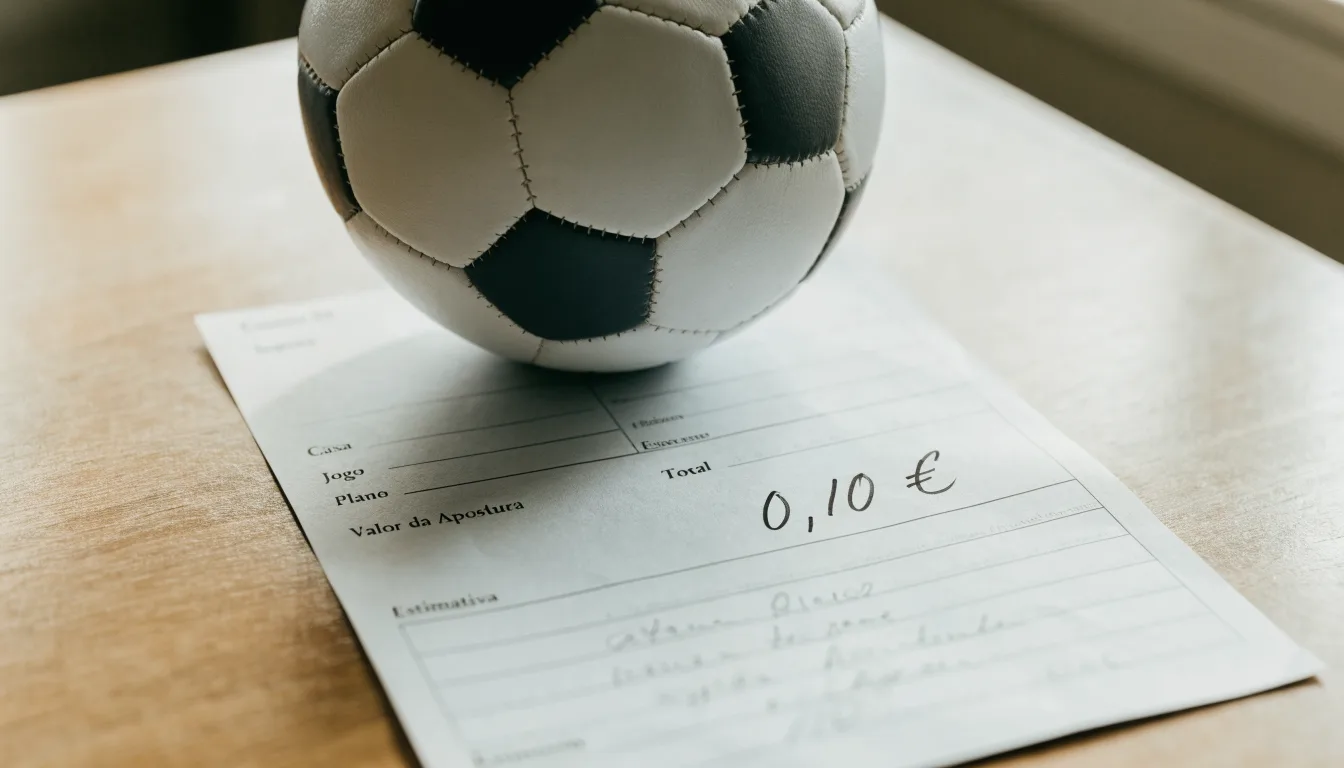 Uma bola de futebol pousada sobre um talão de apostas em branco numa mesa de madeira, à luz do dia