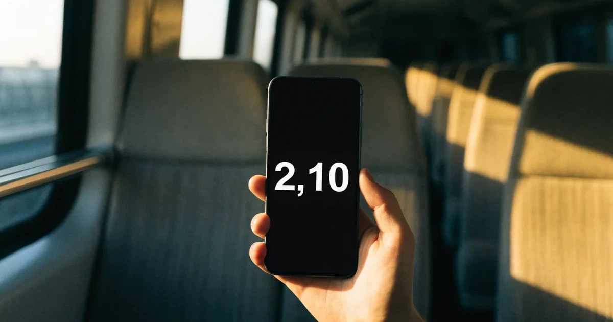 Uma mão a segurar um telemóvel com uma aposta no ecrã, num comboio ao fim da tarde