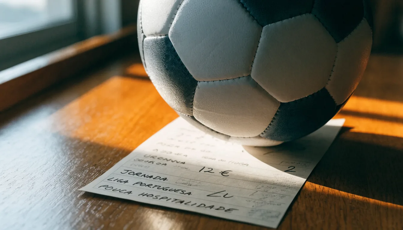 Uma bola de futebol pousada sobre um talão de apostas em branco numa mesa de madeira, à luz do dia