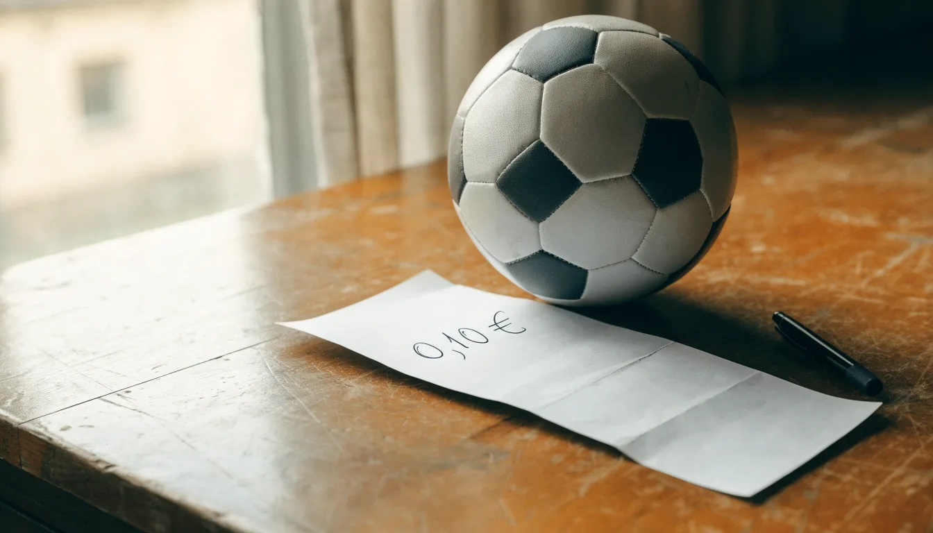 Uma bola de futebol pousada sobre um talão de apostas em branco numa mesa de madeira, à luz do dia