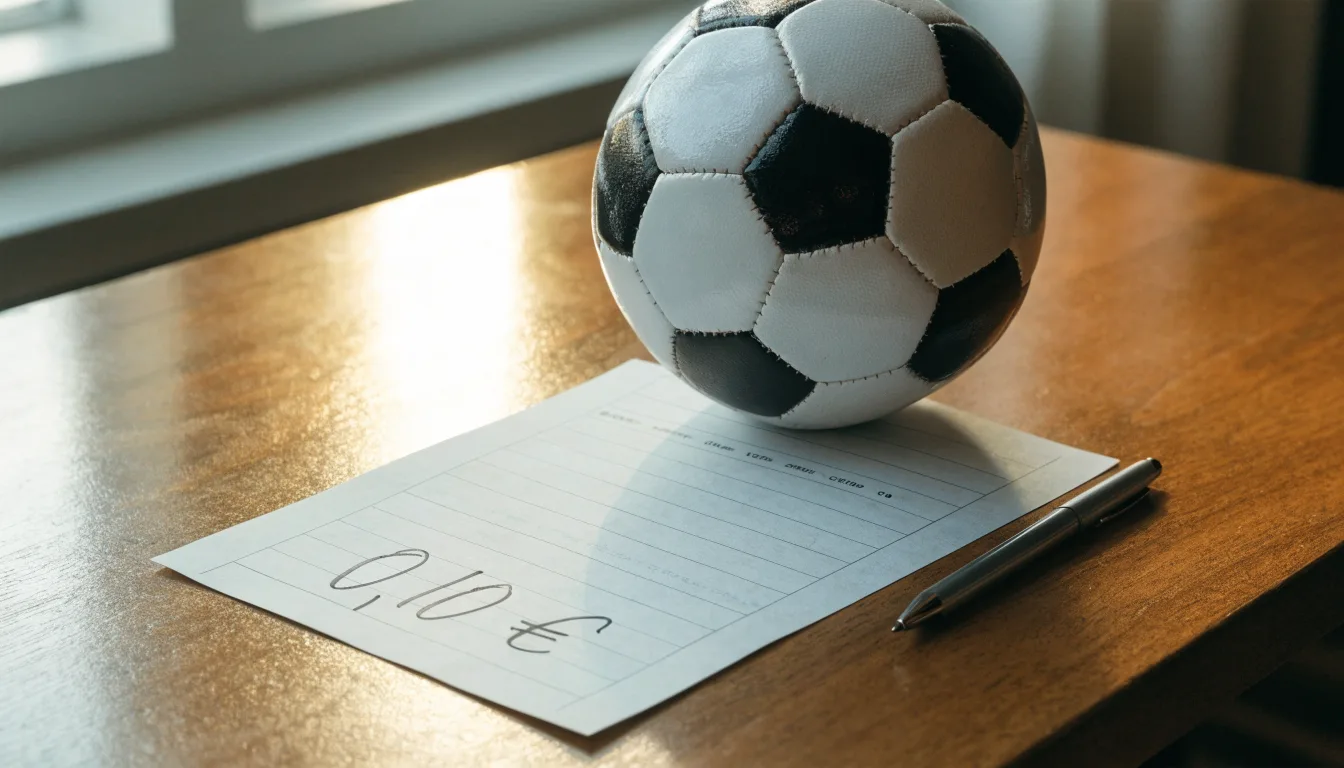 Uma bola de futebol pousada sobre um talão de apostas em branco numa mesa de madeira, à luz do dia
