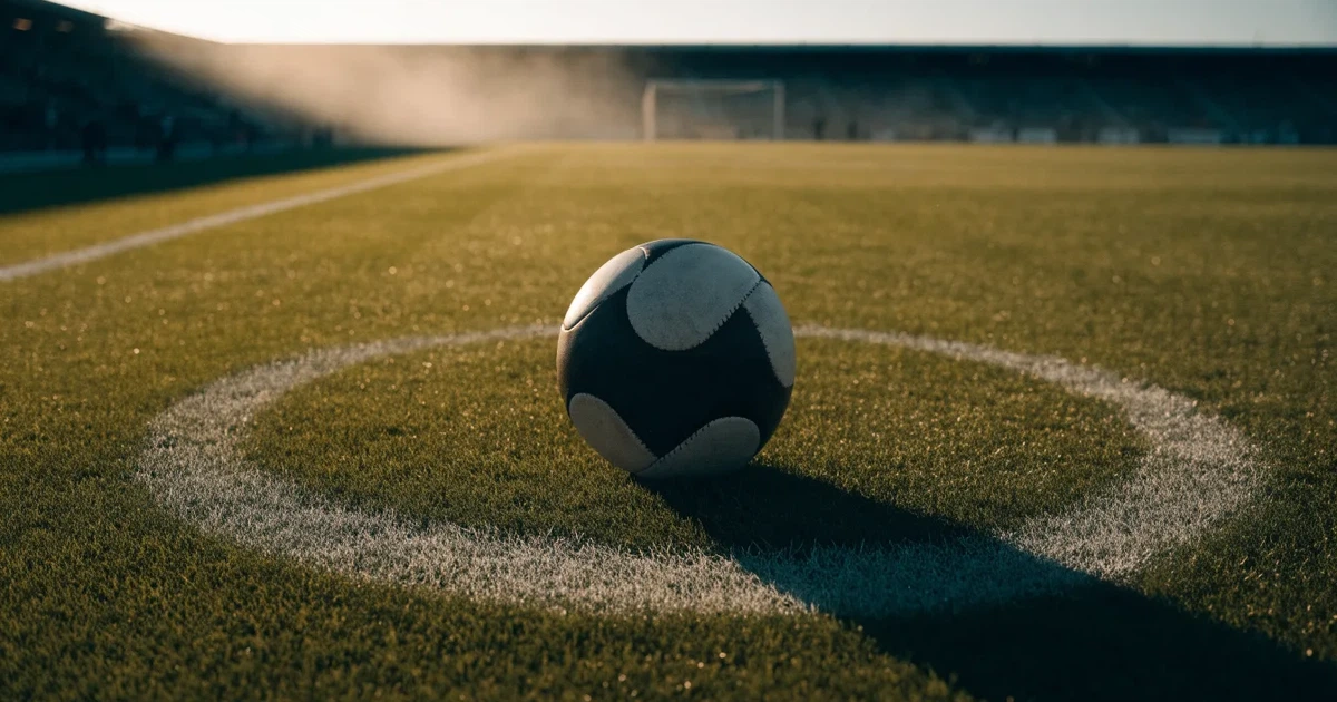 Uma bola de futebol no ponto central de um relvado, à luz da manhã