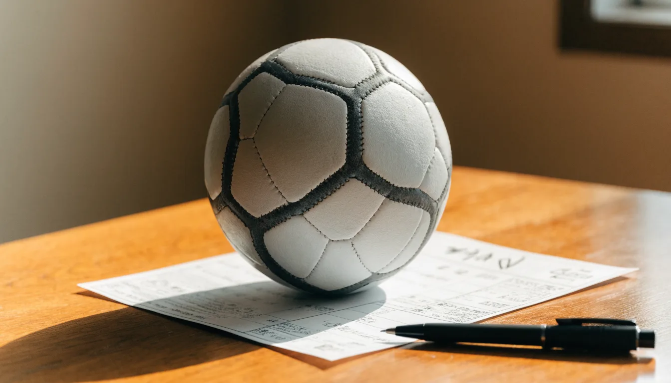 Uma bola de futebol pousada sobre um talão de apostas em branco numa mesa de madeira, à luz do dia