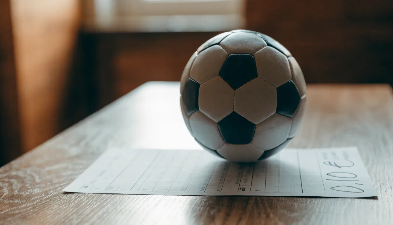 Uma bola de futebol pousada sobre um talão de apostas em branco numa mesa de madeira, à luz do dia